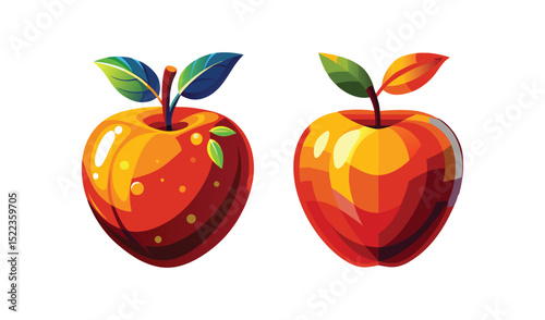 Photo of two vibrant apples, one slightly bruised, isolated on white background, showcase a striking contrast in color and texture