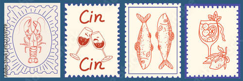 Vintage Italian travel print set with grunge postcard stamps. Retro summer wall art featuring Amalfi, Sicilia, lemons, and elegant engraving frame elements. Perfect for poster, placard, or background 