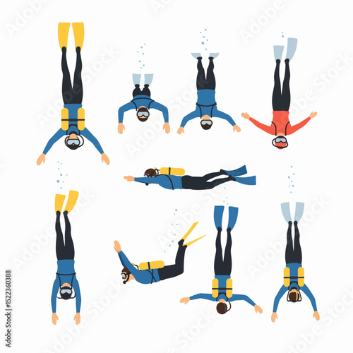 Collection of people scuba diving underwater positions