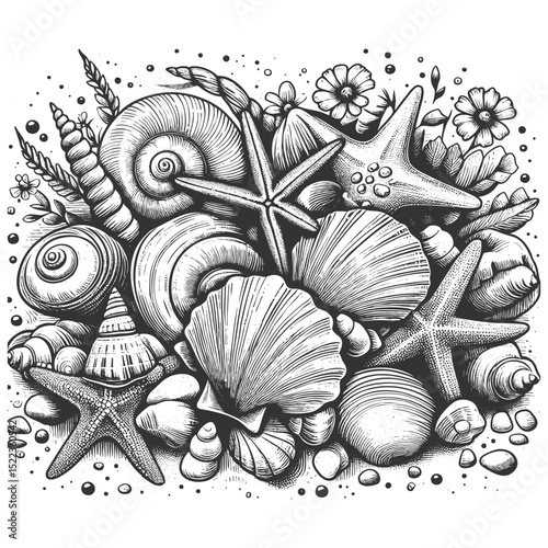 seashells, starfish, and beach elements arranged in a natural coastal composition sketch engraving generative ai vector illustration. Scratch board imitation. Black and white image.