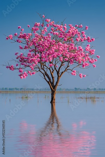 Pink Blossomed Tree Reflecting in Water (1) photo
