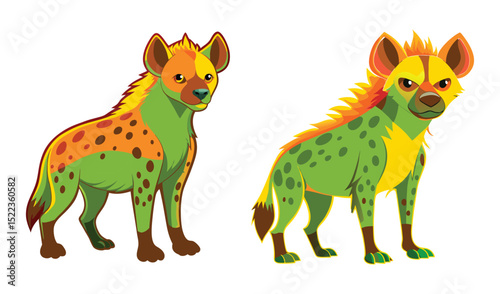 Photo of two vibrant hyenas, one orange and green, the other green and yellow, stand isolated on white background