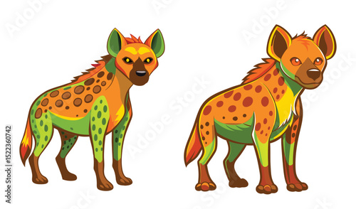 Photo of two vibrant hyenas, adorned in orange and green, stand isolated on white background