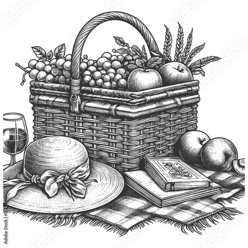 picnic basket filled with fruit, sunhat, and an open book on a checkered blanket, ideal for summer themes sketch engraving generative ai vector illustration. Scratch board imitation. Black and white.