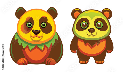 Photo of two cheerful cartoon pandas, one yellow and one green, sit isolated on white background