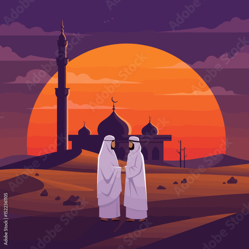 The image depicts a peaceful desert scene with a palm tree, where a man and a woman in traditional Islamic attire stand facing each other. The background features a soft, warm sunset with gentle cloud