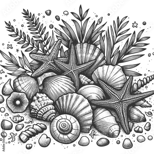 seashells, starfish, and beach elements arranged in a natural coastal composition sketch engraving generative ai vector illustration. Scratch board imitation. Black and white image.