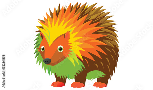 Photo of a vibrant, stylized hedgehog, boasting a fiery orange and lime green coat, stands isolated on white background