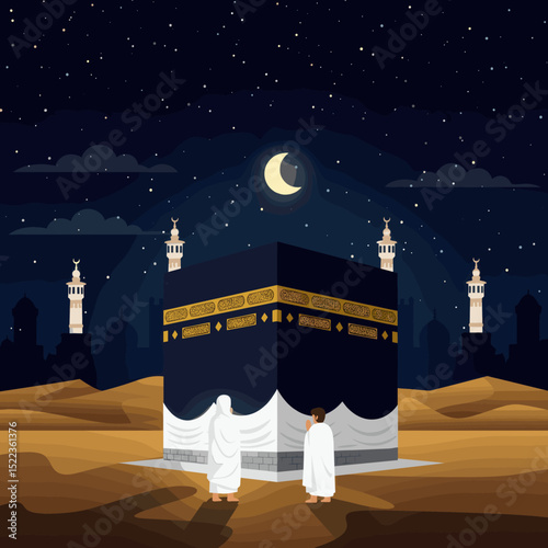  It appears to be a simplified, artistic representation of a religious scene, likely intended to evoke the atmosphere of Hajj or Umrah, with a clear blue sky and distinct architectural features.