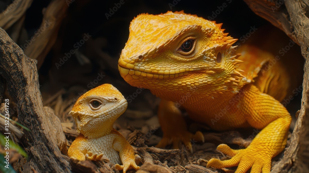 Fototapeta premium Lizard basking with hatchling