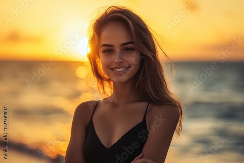 A woman smiles warmly at the sunset.