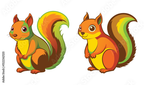 Photo of two vibrant autumnal squirrels, isolated on white background, boast bushy tails of orange, green, and brown