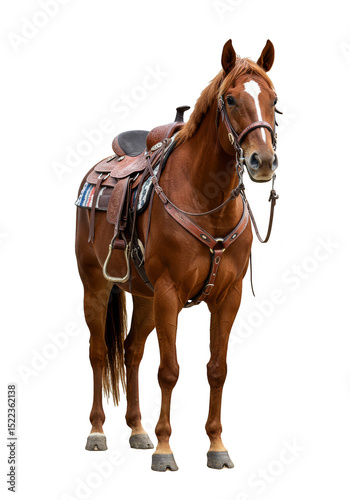Realistic Image of Brown Horse with Saddle Isolated on Transparent Background