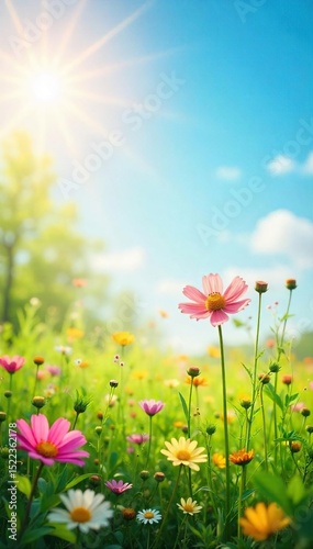 Vibrant sunlit meadow scene with wildflowers in full bloom, creating a joyful and carefree atmosphere Perfect for projects needing a cheerful and optimistic backdrop , pastoral, tranquil