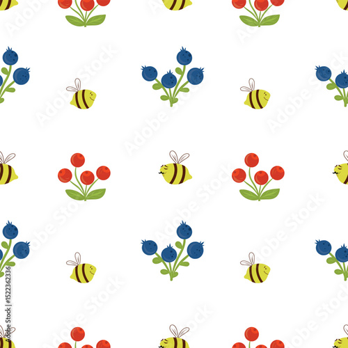 Cute cartoon bee with berries seamless pattern, honeybees, red and blue berries pattern