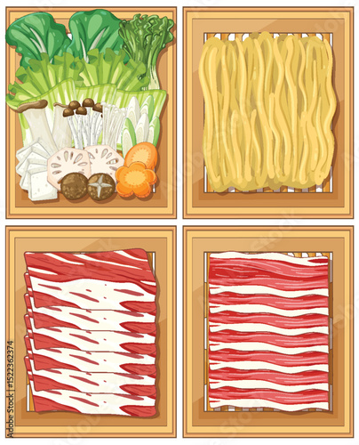 Asian Hot Pot Ingredients Vector Illustration