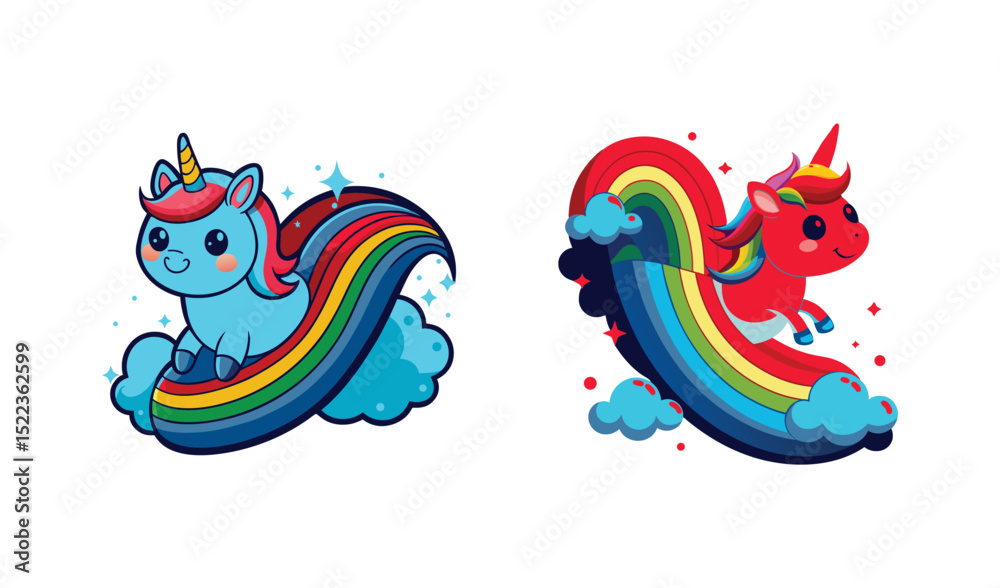 Fototapeta premium Photo of two cheerful unicorns playfully ride vibrant rainbows, isolated on white background