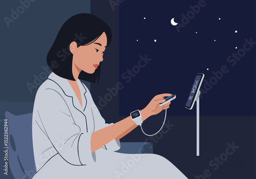 A young Asian woman uses a smartwatch to monitor her sleep health in a dimly lit bedroom. She?s wearing a white pajama top and looking at her phone, creating a modern, health-conscious scene.