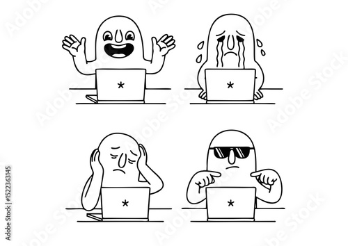 Hilarious Laptop User Illustrations  Joy, Sadness, Frustration, and Coolness - Four Unique Designs