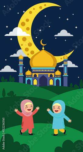 The image shows two joyful children, one wearing a cap and the other in a hijab, standing together with their arms raised in celebration. Behind them is a beautiful mosque with a golden dome, set agai