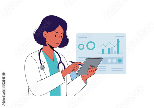 A female doctor reviews a fitness chart on a tablet, conveying health and wellness. Clean, modern illustration style. Ideal for health, fitness, and technology concepts.
