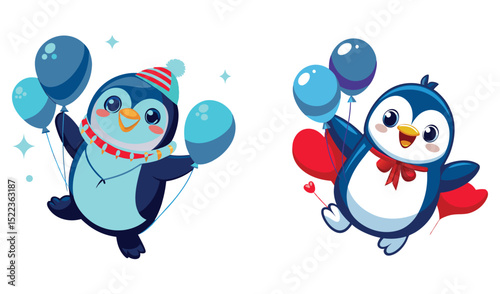 Photo of two cheerful penguins soar, one in a winter hat, the other with a red cape, each joyfully holding colorful balloons, isolated on white background