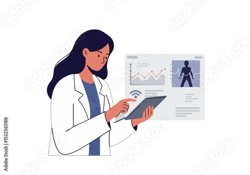 A female doctor reviews a patient's fitness data on a tablet, showcasing a modern health tech concept. Clean, professional, and visually engaging.