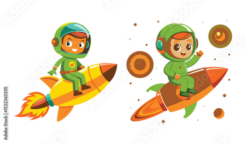 Photo of two cheerful astronauts soar through space on vibrant rockets, isolated on white background