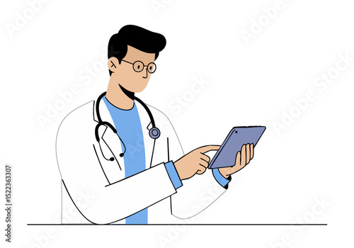 A doctor uses a tablet displaying health data visualizations. Modern, digital healthcare concept. Clean, professional illustration.