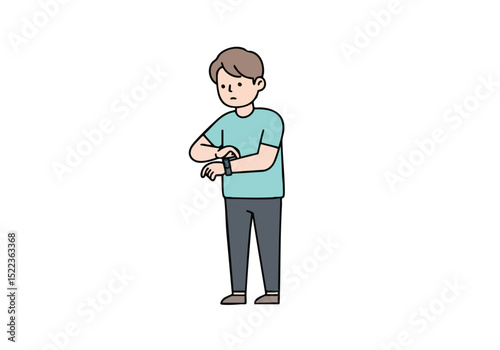 A young man checks a smartwatch, displaying a step tracker. He appears thoughtful. Simple, clean illustration style.
