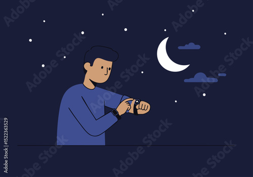 man checks his smartwatch under a crescent moon at night A modern minimalist illustration evokes a sense of nighttime tracking and technology Suitable for digital marketing and lifestyle themes