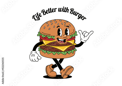 Life's Better with a Burger A Retro Cartoon Illustration of a Happy Hamburger
