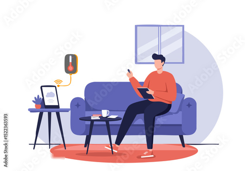 A young man relaxes at home, managing smart home devices via tablet and phone. Modern, comfortable setting with tech elements. Ideal for home tech, lifestyle, and digital concepts.