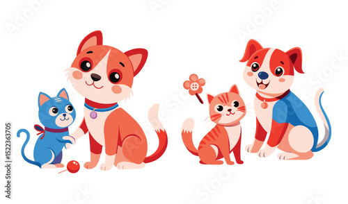 Photo of two playful orange cats and a dog, isolated on white background, enjoying a cheerful moment together