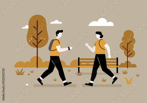 Two men enjoy outdoor health with a brisk walk in a park. They wear casual clothing and fitness trackers. A serene, modern illustration.