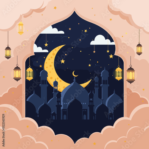 A whimsical illustration features a crescent moon and stars shining above a dreamy cityscape with domed buildings and minarets, framed by an arched window. Pink clouds and hanging lanterns add a magic