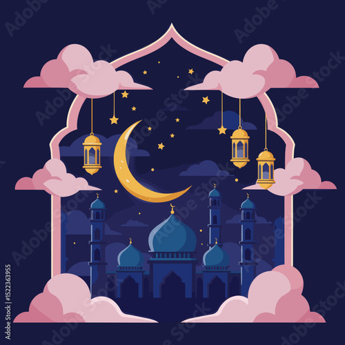 A whimsical illustration features a crescent moon and stars shining above a dreamy cityscape with domed buildings and minarets, framed by an arched window. Pink clouds and hanging lanterns add a magic