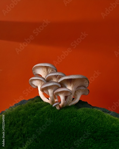 Close-up: Many Oyster Mushrooms on an Orange Background
