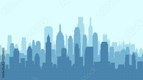 pixel art cityscape background. Silhouette of a city skyline. skyscrapers and buildings. vector graphics. light blue background. simple shapes and lines. retro game style. 