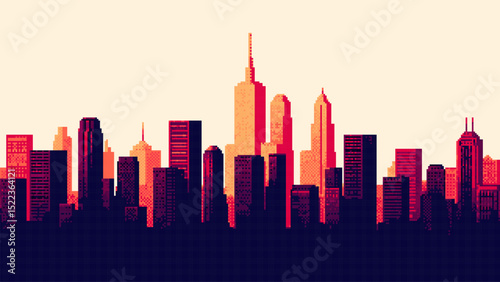 8-bit pixel art cityscape background. Silhouette of a city skyline. sunset. skyscrapers and buildings. retro game style. warm tones. vector graphics.