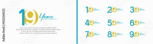 set of anniversary logo style with handwriting. vector design blue and yellow color for celebration