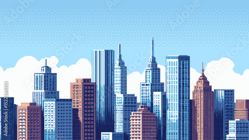 8-bit pixel art cityscape background. city skyline. skyscrapers and buildings. retro video game style. vector graphics. blue sky and white clouds. 