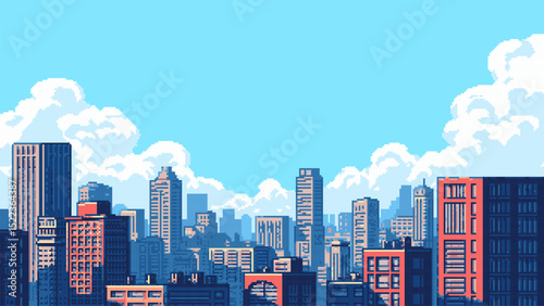 8-bit pixel art cityscape background. city skyline. skyscrapers and buildings. retro video game style. vector graphics. blue sky and white clouds. 