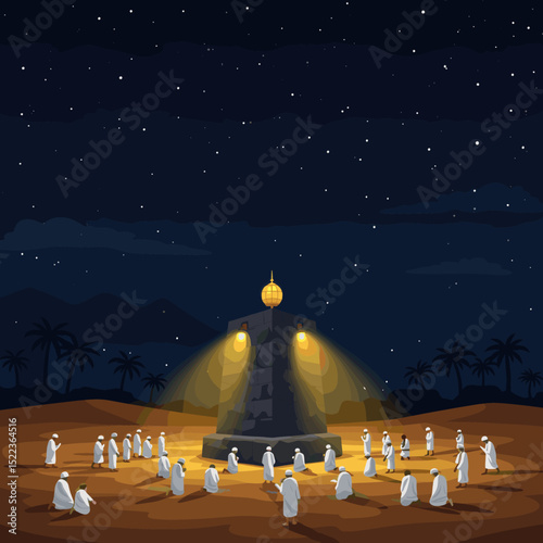 The image depicts a pilgrim performing the symbolic act of the Stoning of the Devil (Ramy al-Jamarat) during the Hajj pilgrimage.