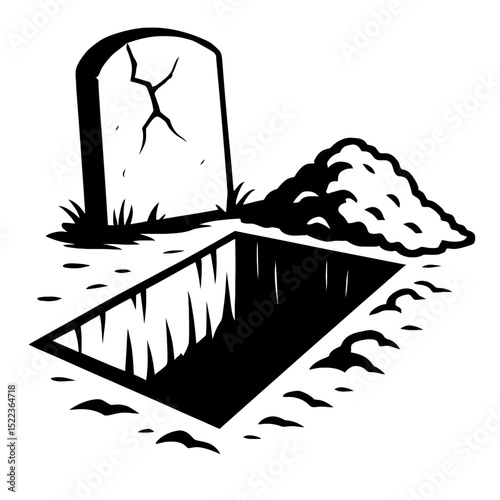 Open Grave with Tombstone and Dirt Pile - Cemetery and Mortality Symbol