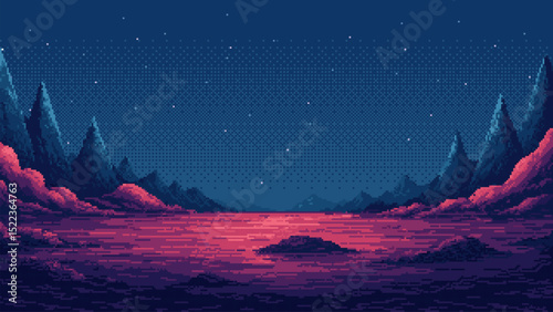 8-bit pixel art space landscape. fantasy game level backdrop. 2D video game graphics. pixelated background. vector illustration. game assets. dark sky at night. mountains range. 