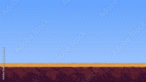 8-bit pixel art retro video game level background., a flat and simple blue sky with a brown dirt floor. 2D pixelated art style. side view. empty space on top. vector graphics. 