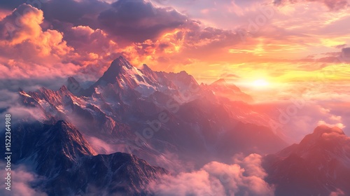 A majestic mountain range with snow capped peaks at a vibrant sunset