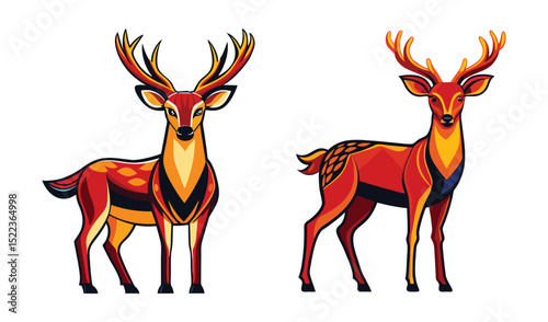 Photo of two stylized deer, one facing forward and one in profile, stand isolated on white background, their coats rendered in vibrant red and orange hues