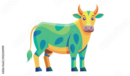 Photo of a vibrant green and yellow cow, isolated on white background, stands with a playful, stylized design
